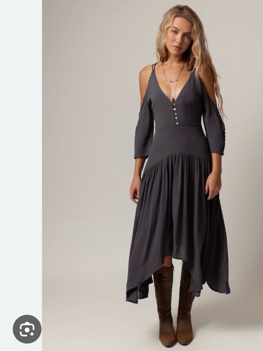 Joyfolie Charcoal Cold-Shoulder V-Neck High-Low Midi Dress
